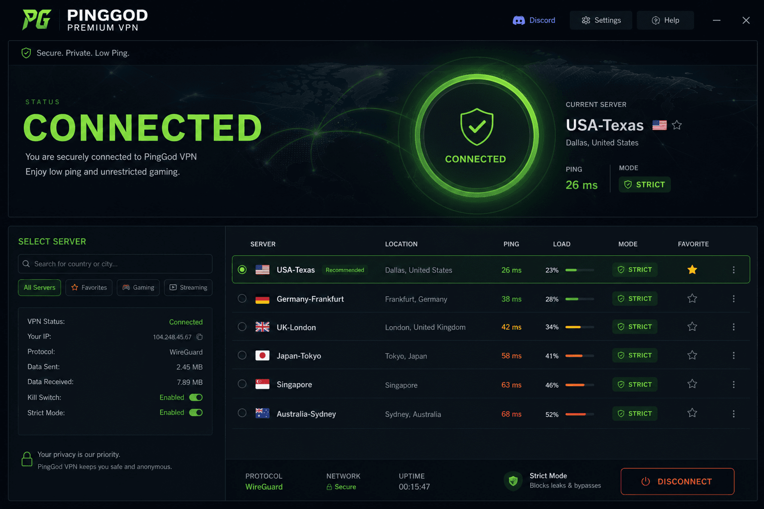 PingGod VPN desktop application main dashboard showing server list and connect controls