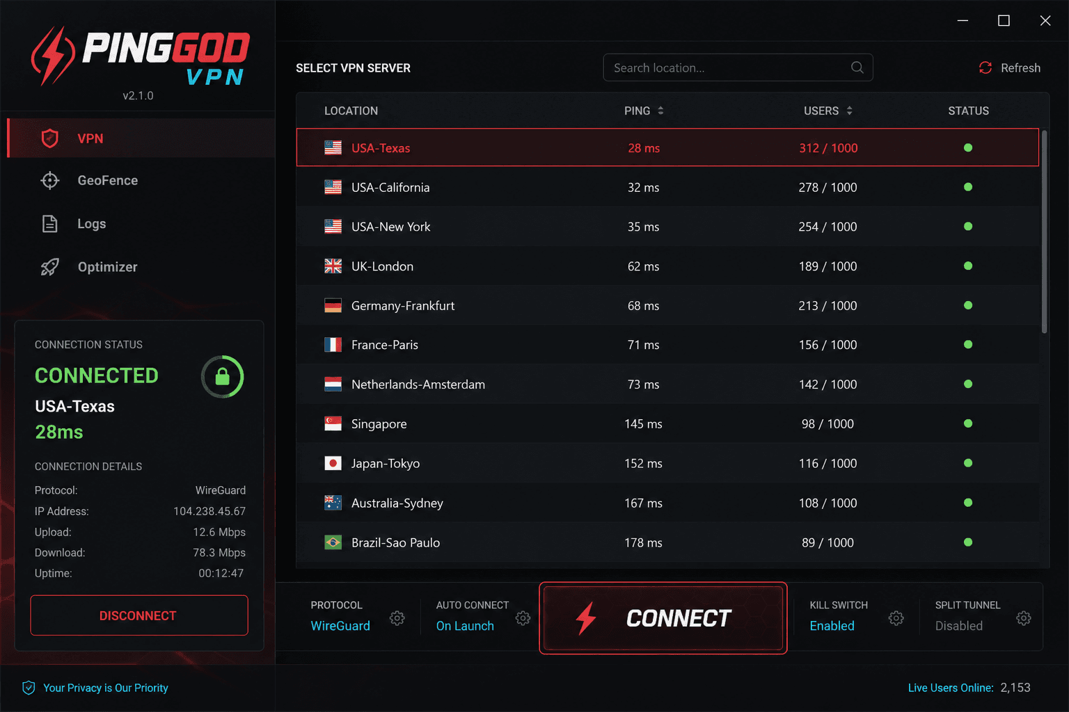 PingGod VPN interface preview
